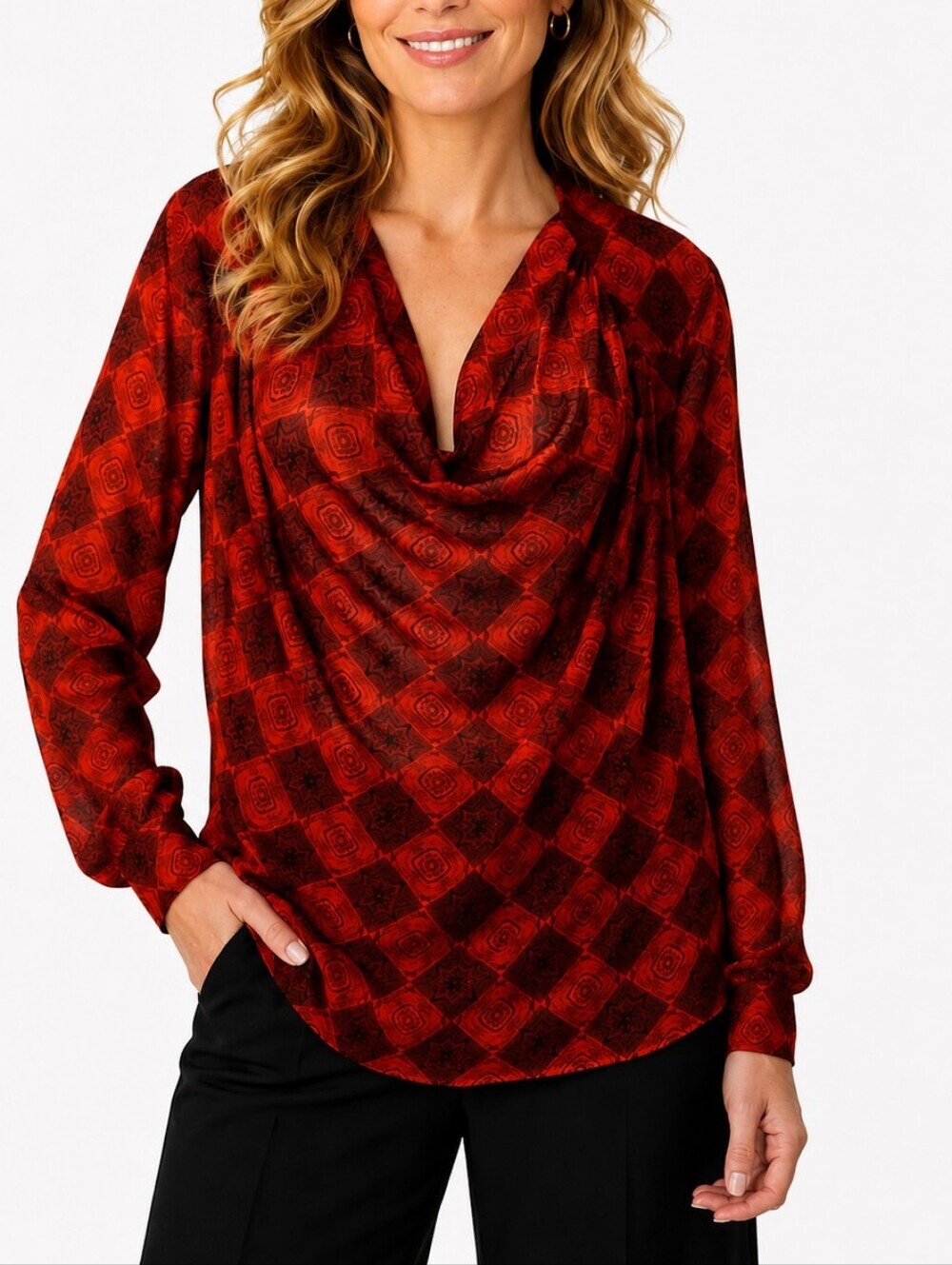 CABI Tomato Red Black Diamond Sheer Cowl Neck Open Back Blouse